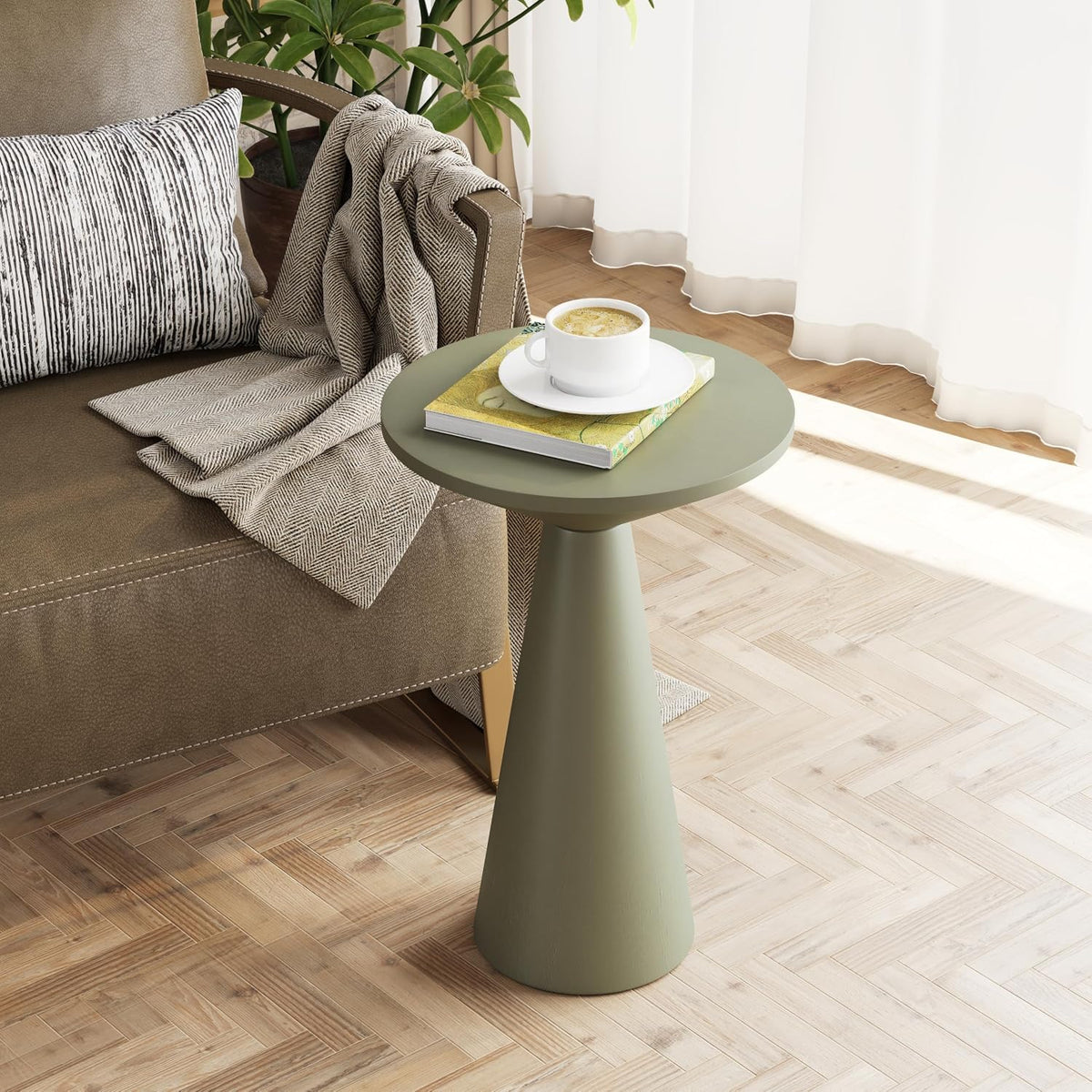 COZAYH Small Pedestal End Table Round Farmhouse Martini Table Wood Plant Stand Rustic Drink Table for Small Space Living Room, Sage Green