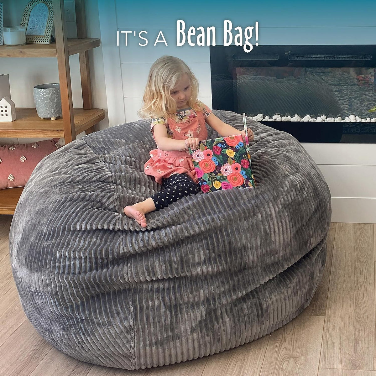 CordaRoy's Plush Bean Bag - Convertible Bean Bag Chair - Machine-Washable Plush Fabric Cover - for Basement, Living Room, Game Room, Dorm & More - Full Size - Grey | Made in The USA