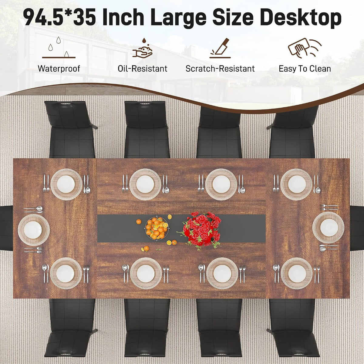 chartustriable Dining Table for 8-10 People,94" Large Modern Kitchen Table W/Built-in Table Runner Design,Brown&Black Industrial Rectangular Dinner Table,Waterproof Wood Table Sturdy Base,280lbs Load