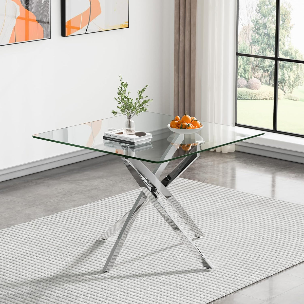 5 Piece Glass Dining Table Set Modern Small Glass Dining Table Set for 4, 35.43" Square Kitchen Table and 4 Velvet Upholstered Chairs for Kitchen Dining Room, Silver & Grey