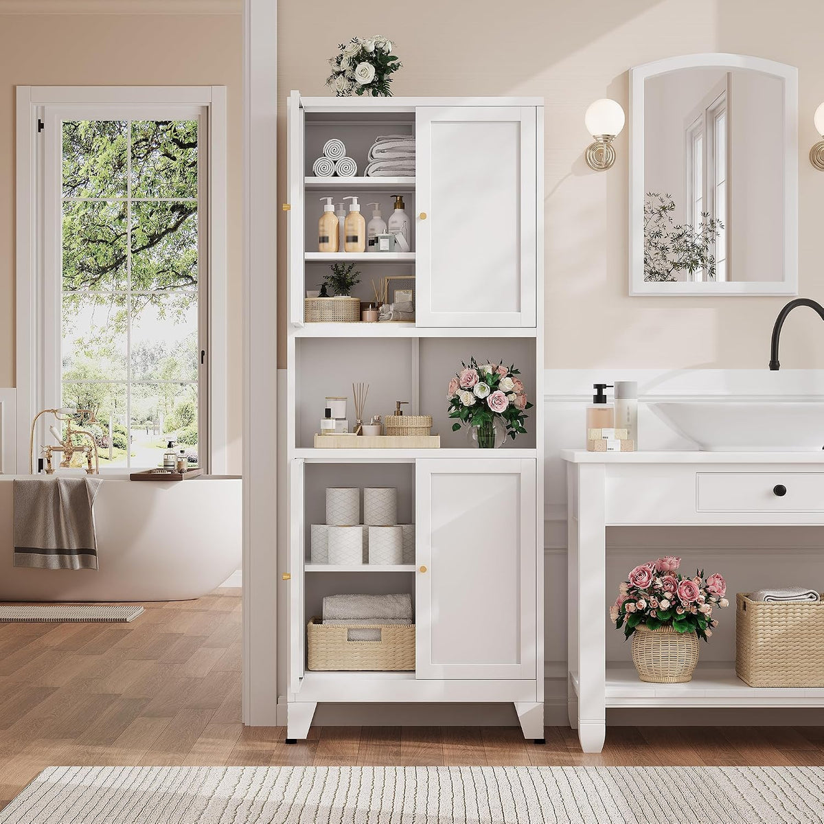 69"H Kitchen Pantry Cabinet with Countertop and Microwave Shelf,Metal Microwave Stand Cabinet with Storage，White Farmhouse Food Storage cabinet,Tall Freestanding Pantry Cabinets for Dining Room
