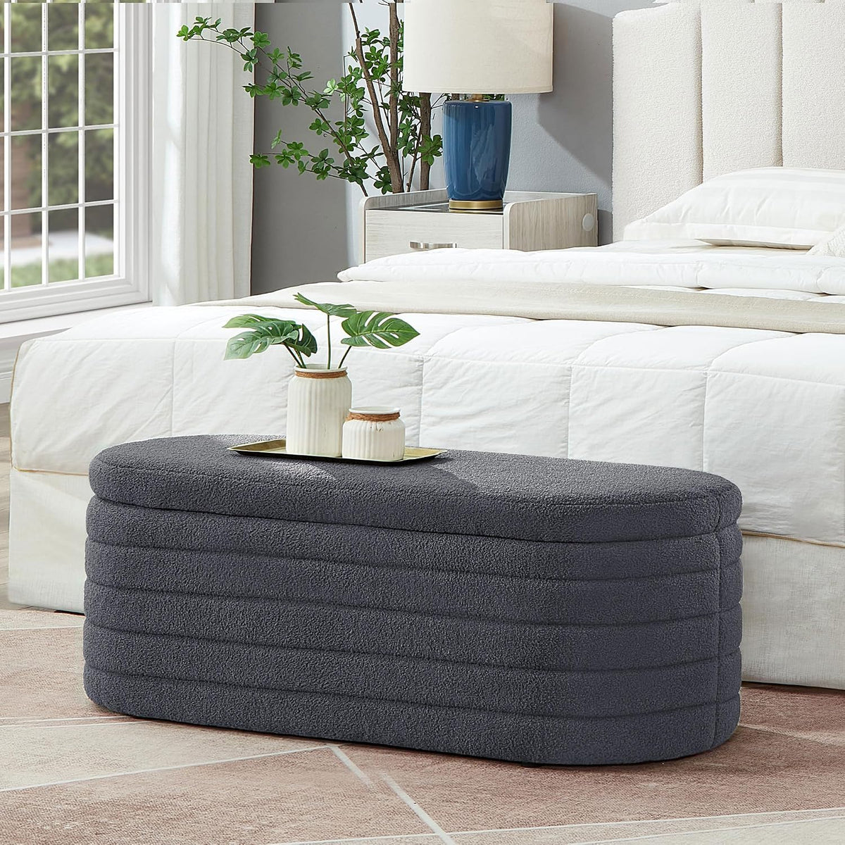 Storage Ottoman Bench End of Bed for Bedroom, Boucle Upholstered Entryway Shoe Seat Bench with Storage, Sherpa Modern Cute Padded Blanket Chest Stool Foot Rest for Living Room (Drak Gray)