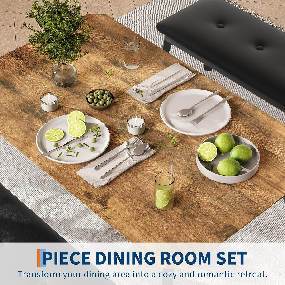 Dining Table Set for 4, 3-Piece Wooden Kitchen Table with 2 Upholstered Benches, Space-Saving Dinette Set for Restaurant, Studio, Dining Room, Home Kitchen(43''x28''x30''), Retro