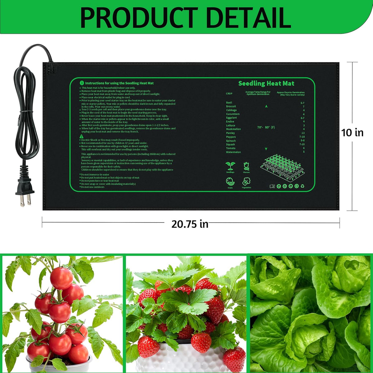 Seedling Heat Mat for Seed Starting,10" x 20.75" Waterproof Heating Pad for Indoor Plants Germination (Black 1 Pack)