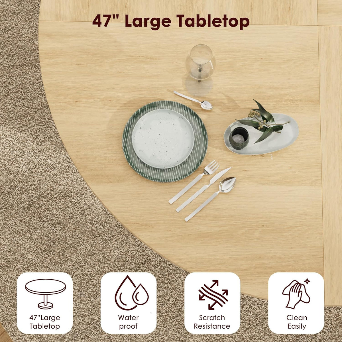 GarveeHome 47'' Round Dining Table with Hidden Storage for 4, Kitchen Dining Room Circle Dinner Pedestal Table with Slide Door Shelf, Space Saving Wood Furniture for Small Spaces, Dining Room, Natural