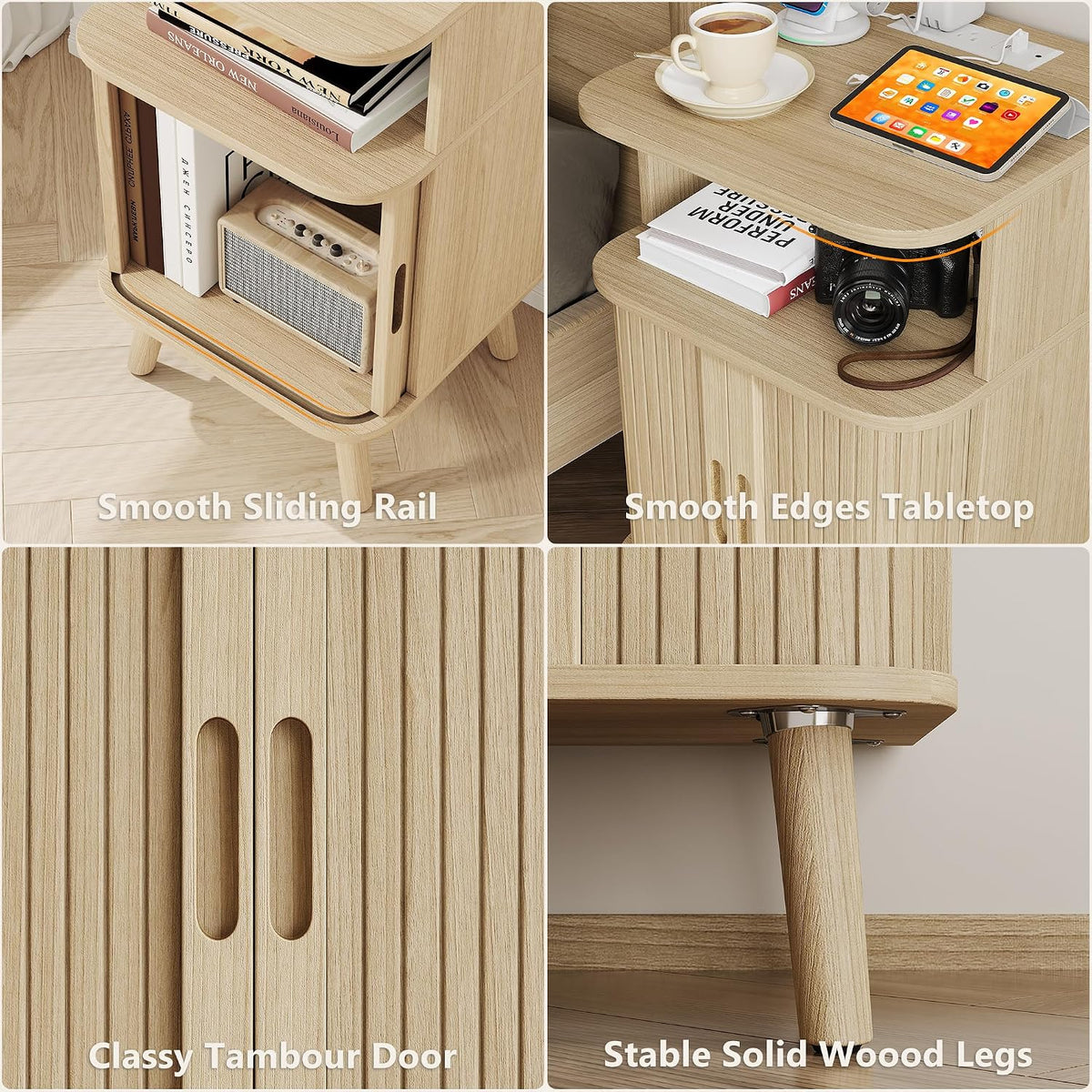 Alohappy Fluted Nightstands Set of 2 with Charging Station, Mid Century Modern Bedside Tables with Sliding Tambour Doors, Curved Wood End Table with Storage for Bedroom, Living Room, Natural Oak