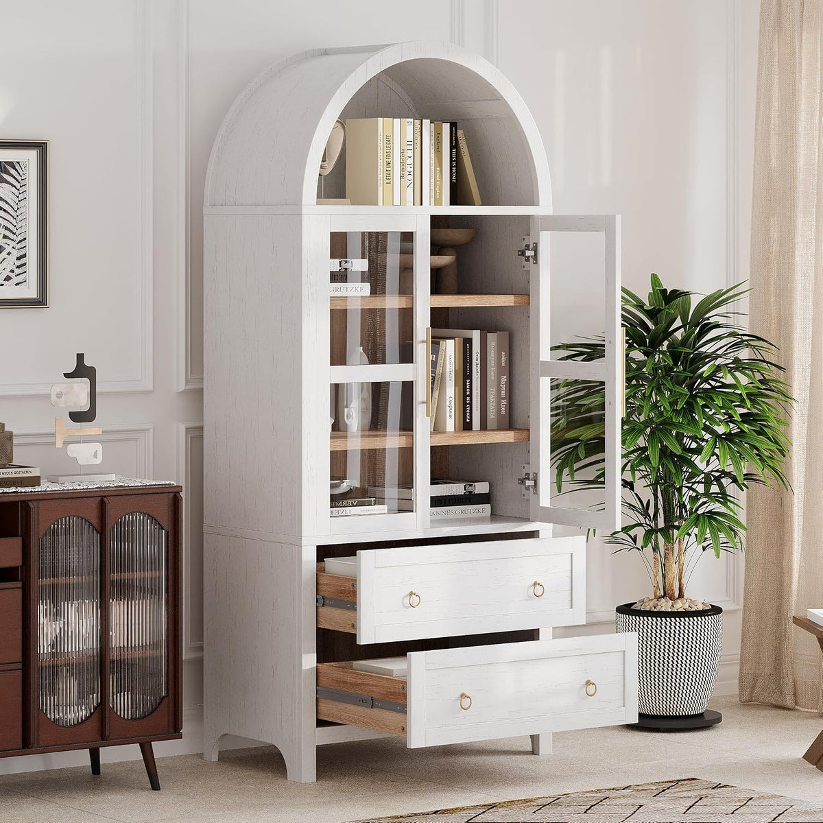71" Tall Arched Kitchen Pantry Cabinet, Modern Farmhouse Freestanding Food Storage Cabinet with 2 Large Drawers & Adjustable Shelves, Glass Door Wood Cupboard for Kitchen & Dining Room,White