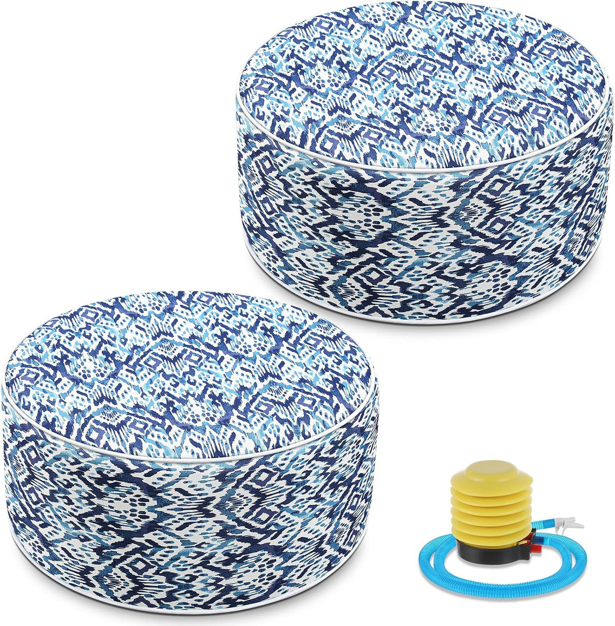 Cinnvoice 2 Pcs Inflatable Outdoor Ottoman Pouf Waterproof Round Footrest with Handle D21 x H9 Inch Indoor Outdoor Portable Footstool for Patio Garden Camping or Home Pool(Diamond Stripes)
