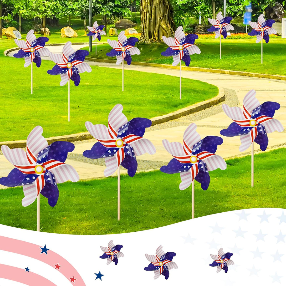 HOOSUN 12 Pcs Patriotic Pinwheels for Yard and Garden Patriotic Decorations,American Flag Pinwheels to Scare Birds Away,Red White and Blue Decorations Reflective Wind Spinners,Veterans Day Decorations