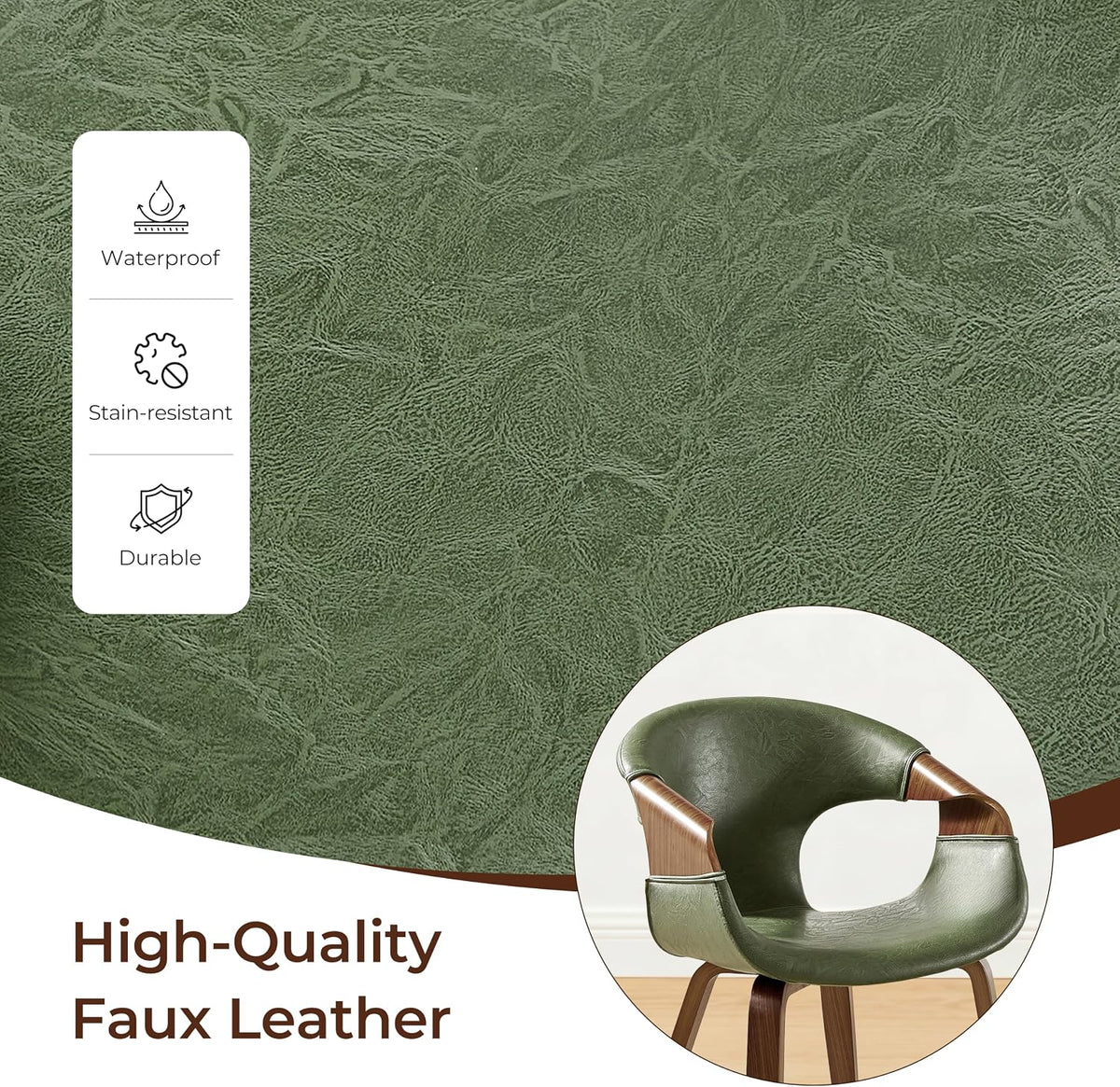Zouron Mid Century Modern Dining Chair, Faux Leather Armchair with Wooden Legs, Padded Upholstery Accent Desk Chair No Wheels for Living Room Kitchen, Green