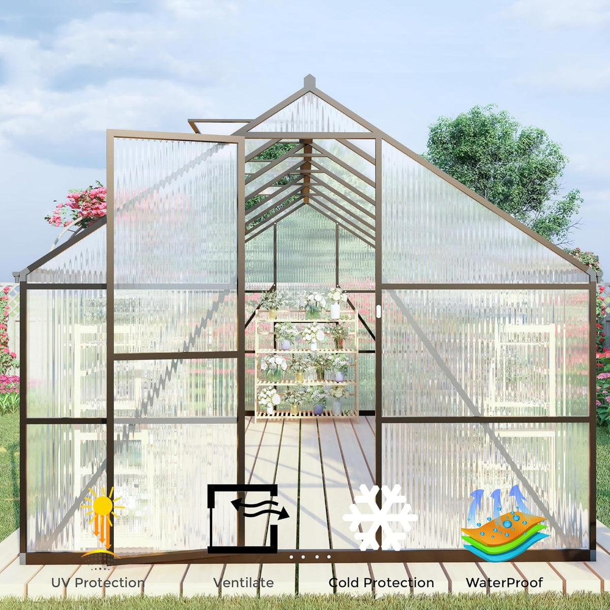 8x8 FT Greenhouse for Outdoors, Polycarbonate Greenhouse with Quick Setup Structure and Roof Vent, Aluminum Large Walk-in Green House for Outside Garden Backyard, Dark Gray