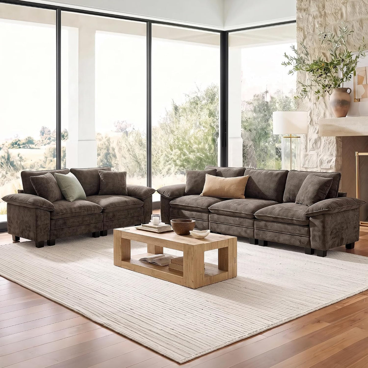 SUNSHINE VALLEY 2-Piece Sofa Set, Loveseat & 3-Seat Couch, Chenille Brown | Modern Grayish Brown, Modular Sectional Living Room Furniture Set, Sturdy Wood Frame, Oversized Wider Armrest and Deep Seat