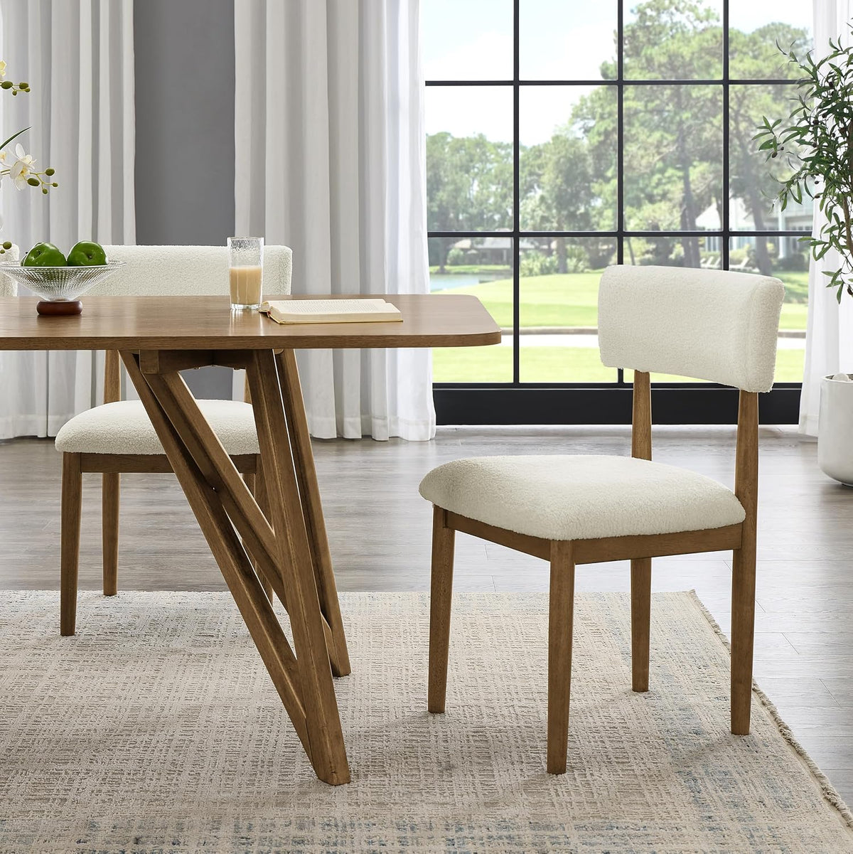 Roundhill Furniture Ellis Boucle Upholstered Dining Chairs, Set of 2, White/Natural Oak