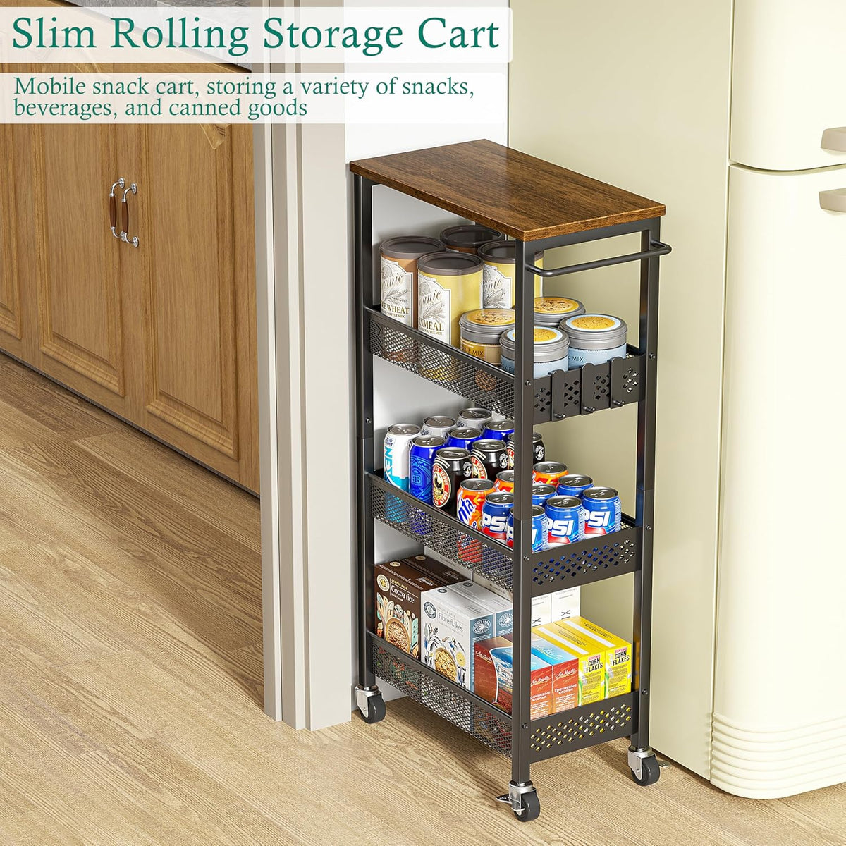XYZLVSI Slim Rolling Storage Cart, 4 Tier Small Bathroom Cart Organizer | 9.1" W narrow storage cabinet with wooden top and metal handle, ideal for kitchen/dorm, between washer and dryer storage