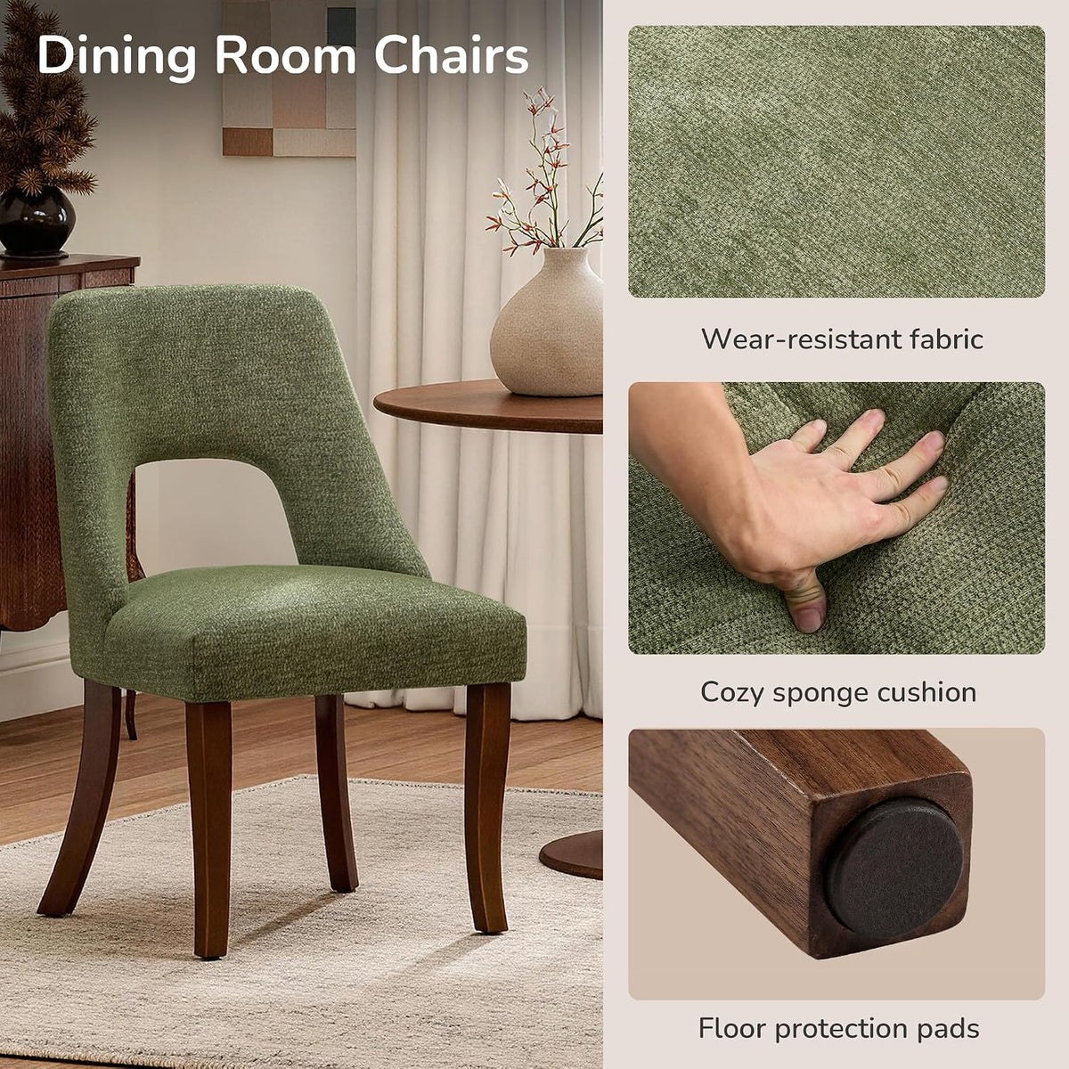 AQO Wooden Dining Chairs Set of 6, Mid Century Upholstered Kitchen Chairs Dining Room Chairs, Chenille Farmhouse Kitchen Chairs Dinner Chair for Kitchen Dining Room, Green