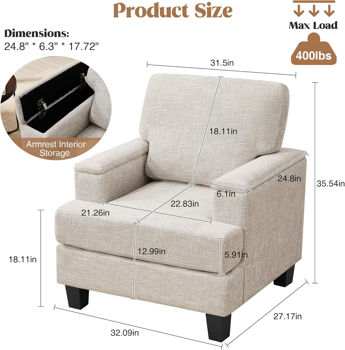 Accent Chairs Set of 2 with Armrest Storage, Modern Reading Living Room Chair, Upholstered Comfy Large Armchairs, Fabric Single Sofa Chair for Bedroom (Beige)