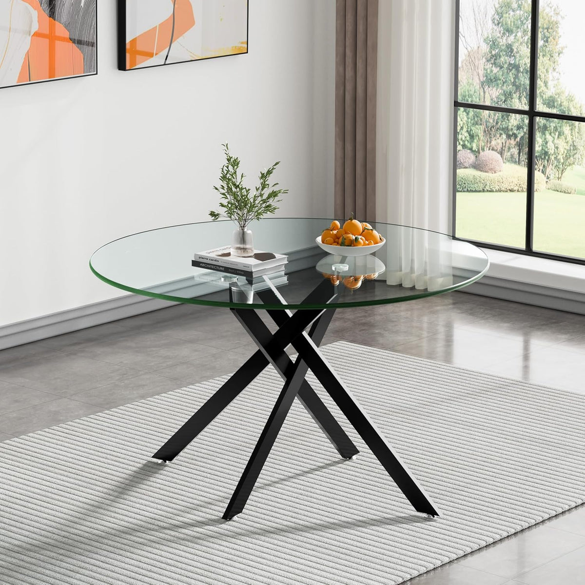 Henf 5 Piece Round Glass Dining Table Set, Modern 47 Inch Dining Room Table Set for 4 Circle Black Kitchen Set with Glass Tables and 4 PU Leather Chairs for Kitchen Dining Cafe