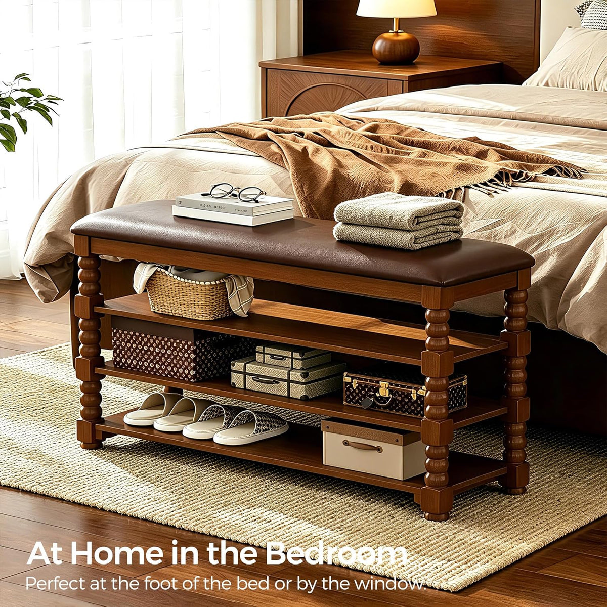 Homleke Solid Wood Shoe Storage Bench with Cushion,Classic Turned Ball Legs | 3-Tier Tall Entryway Bench with Leather Seat, Holds Up to 12 Pairs, for Hallway and Bedroom, Walnut, 39.4 Inch