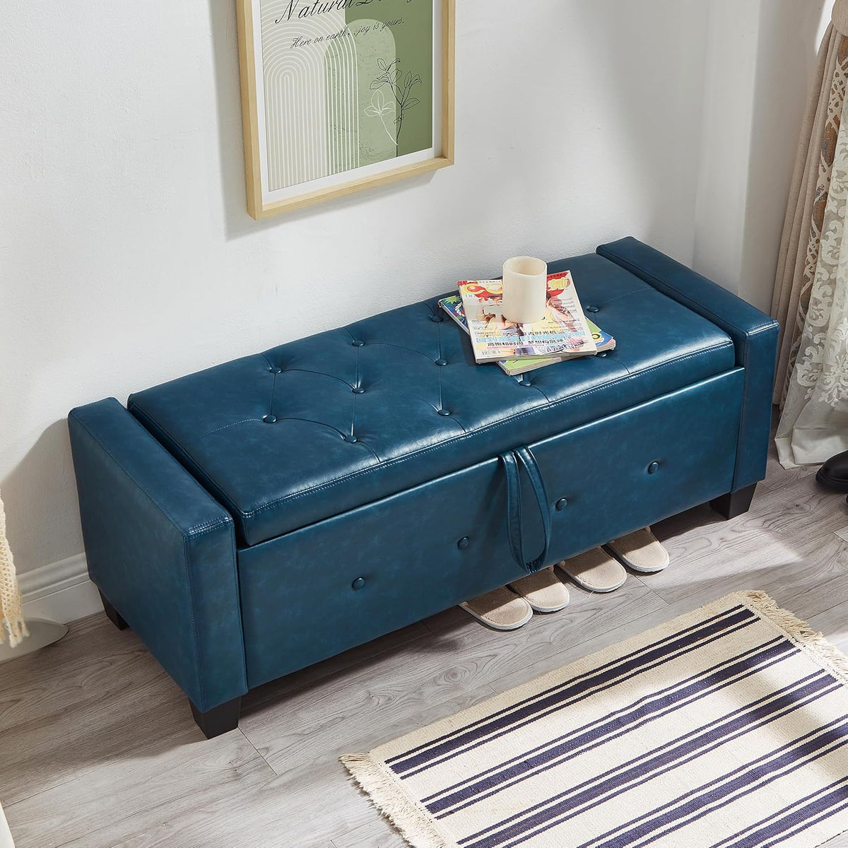 Betoko PU Leather Ottoman Bench with Storage,48" Mid Century Modern Storage Bed Bench for Bedroom,Button Tufted Ottoman Benches with Seating for Living Room,Entryway,Window (PU Blue)