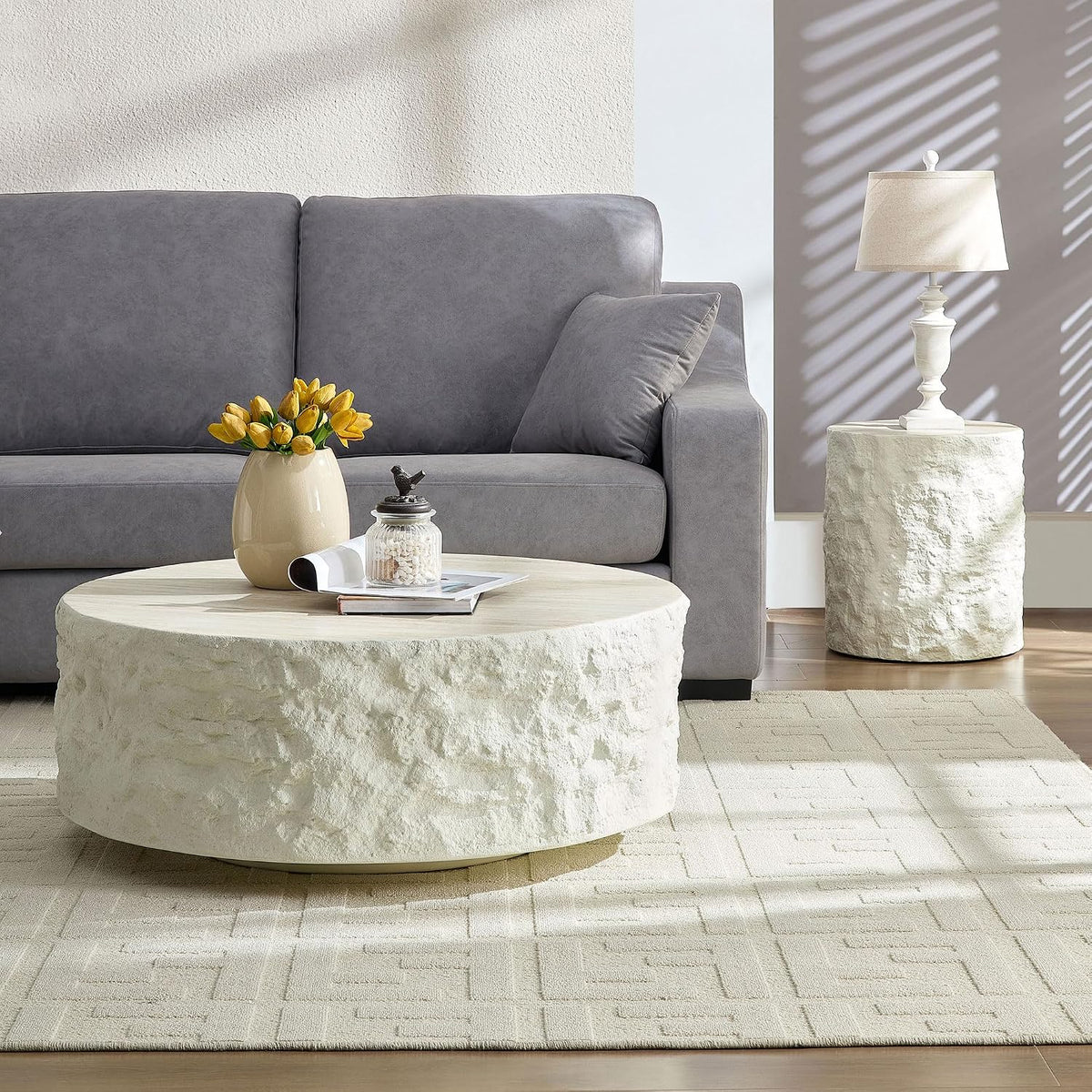 Round Side Table End Table for Living Room, Modern Contemporary Faux Stone Style Fiberglass Material, No Assembly (Beige, ø15.7'' x 17.7'')