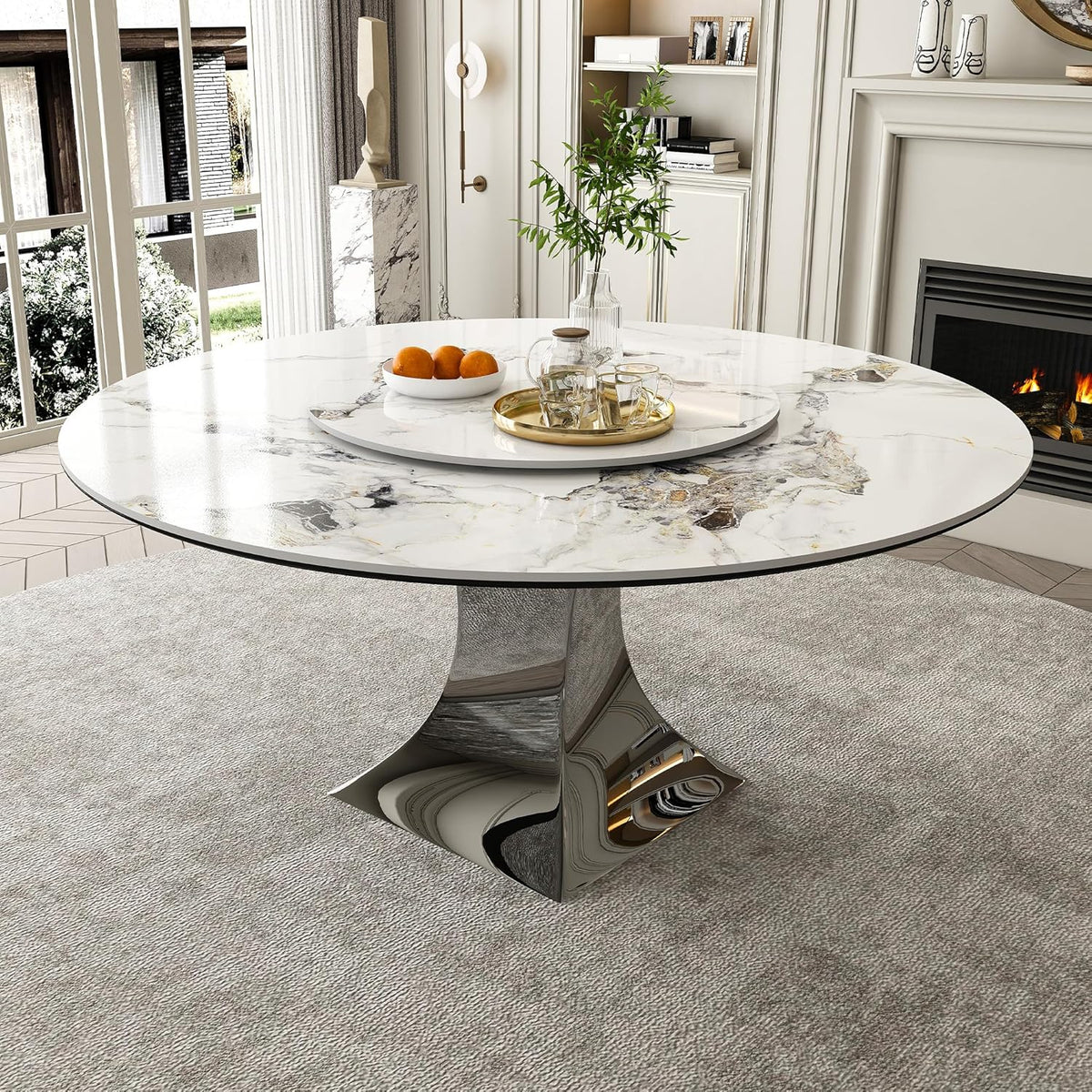 Montary 59” Modern Round Dining Table for 6-8, Artificial Marble Dining Room Table with Lazy Susan, Stainless Steel Black Titanium Hourglass Base, Sintered Stone Top Dining Table (Only Table)