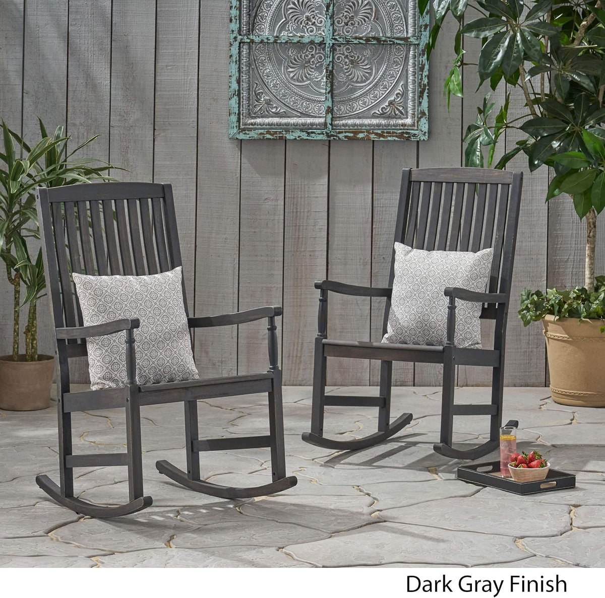 Great Deal Furniture GDFStudio Outdoor Acacia Wood Rocking Chairs (Set of 2), Dark Gray