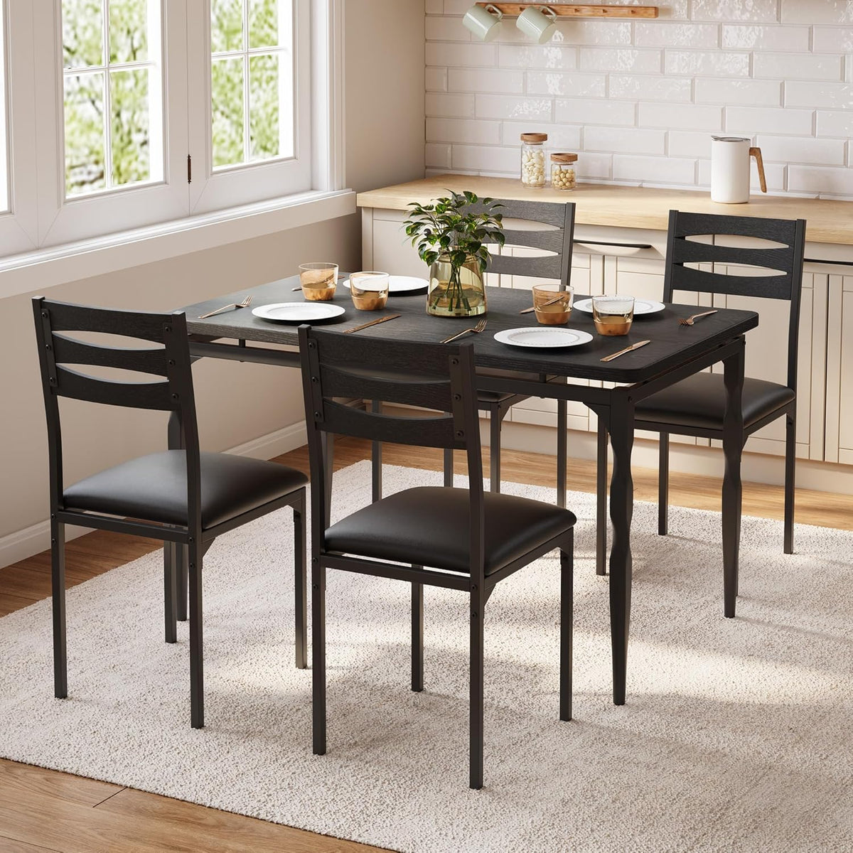 Garvee 5 Piecs Dining Table Set, Farmhouse Style Dining Table and Chairs Set for 4, Dining Set for Dining Room Kitchen Apartment, Black