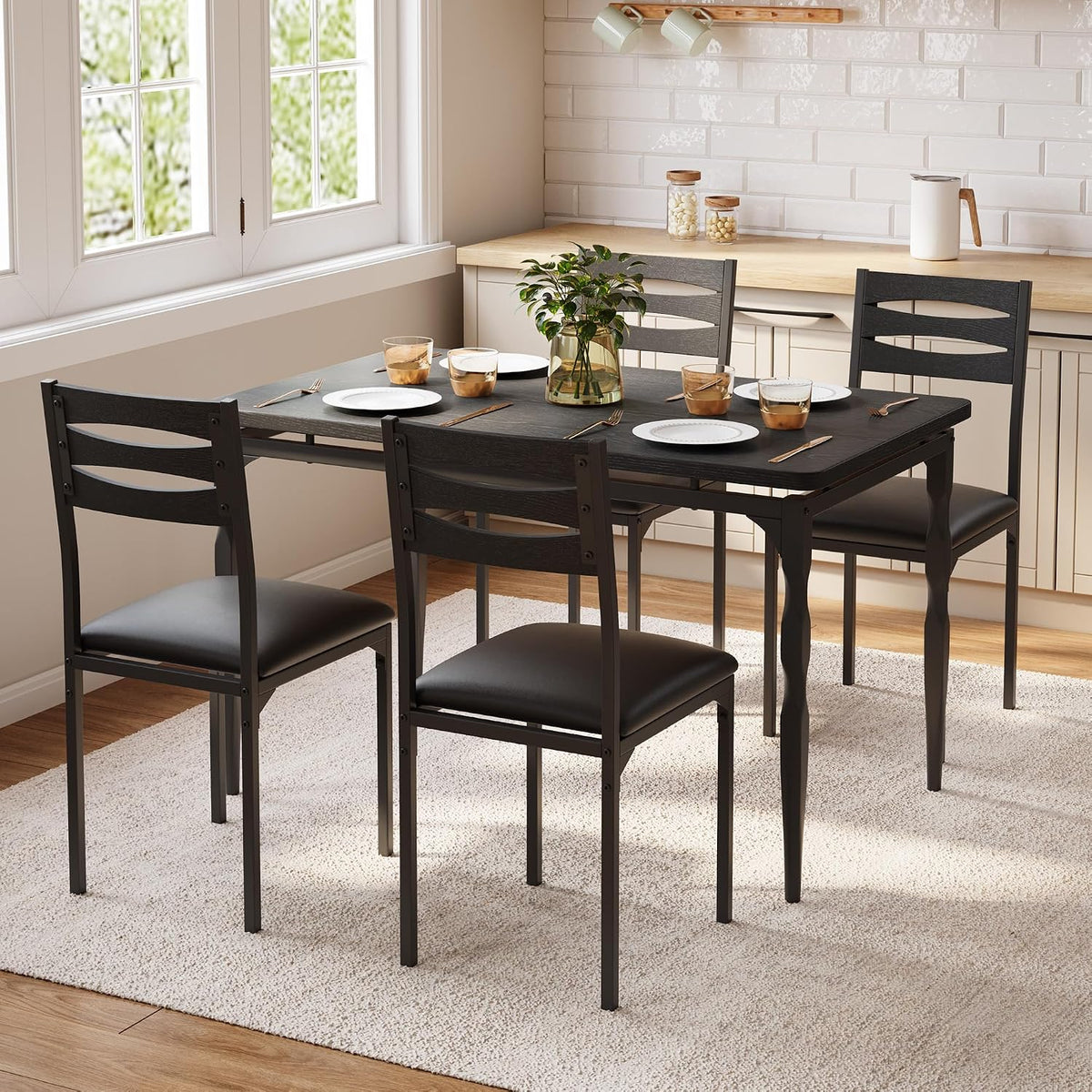 GarveeHome 5 Piece Dining Table Set, Industrial Style Dining Table and Chairs Set for 4, Kitchen Table Set for Dining Room Kitchen Apartment, Black