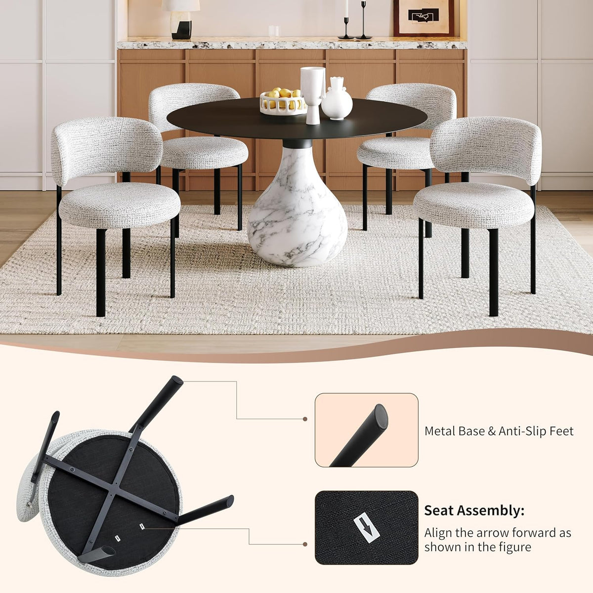 Dining Chairs Set of 4, Fabric Dining Chairs Metal Legs, Off-White | Breathable Fabric,Ergonomic Comfort Backrest,Spring Upholstered Seat for Kitchen Dining Room Restaurant