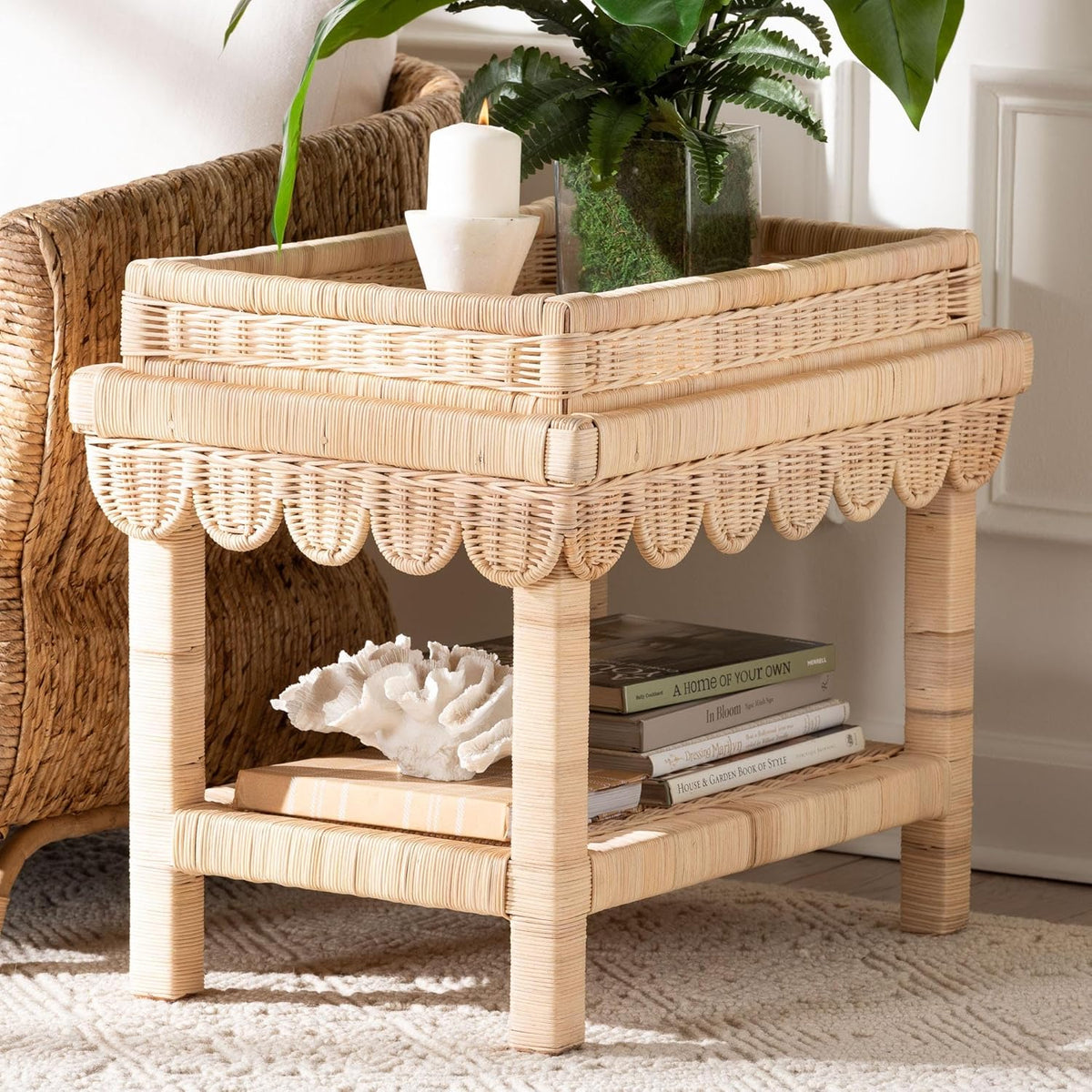 Bali & pari Weyman Scalloped Rattan End Table with Removable Tray Top - Handwoven Rattan Accent Table with Shelf, Coastal Boho Style Side Table for Living Room or Bedroom