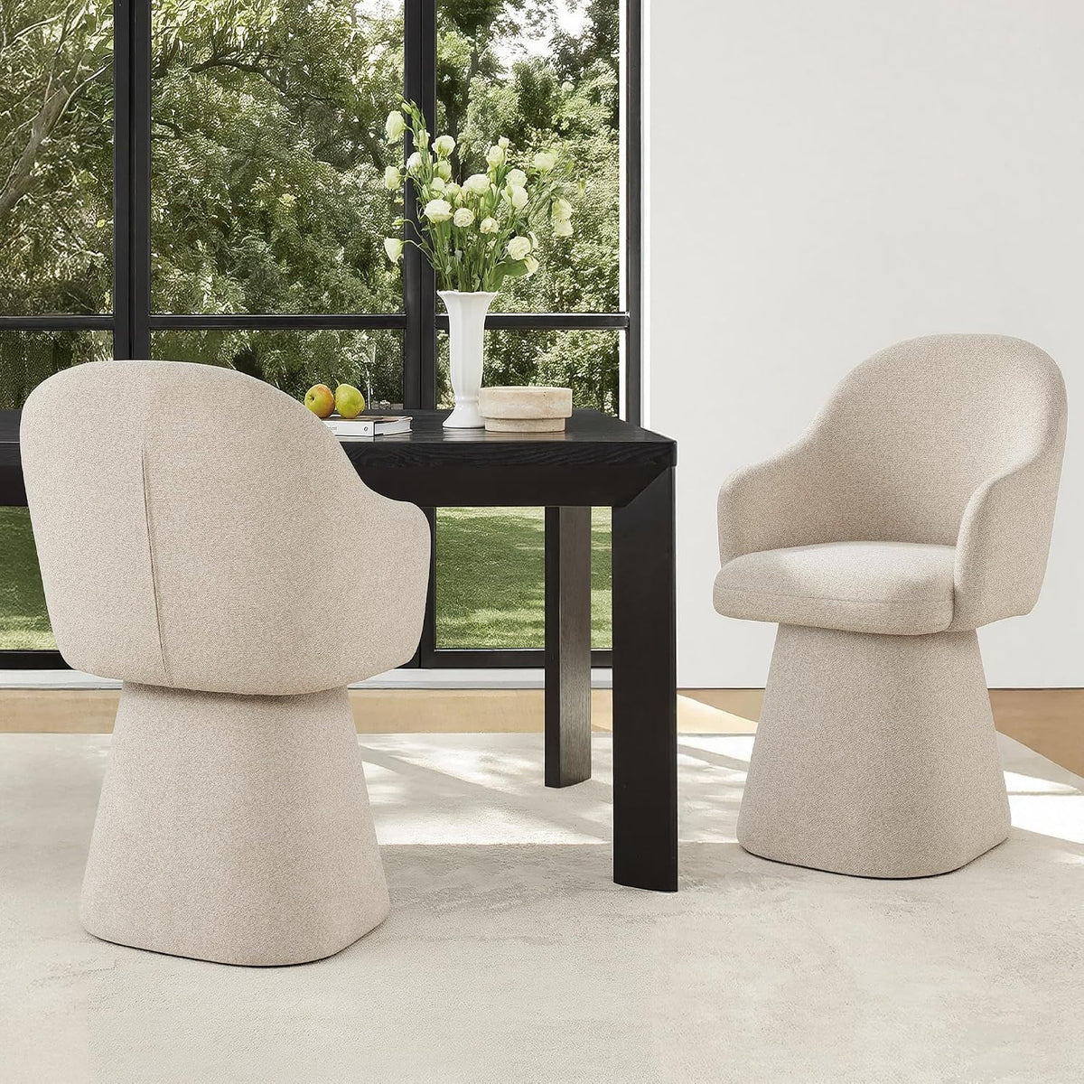 KISLOT Swivel Dining Chairs Set of 2, Upholstered Modern Barrel Dining Chairs with 360° Swivel Base, Chenille Velvet Fabric Accent Kitchen Chairs with Arms, Padded Dining Room Chairs, Sand