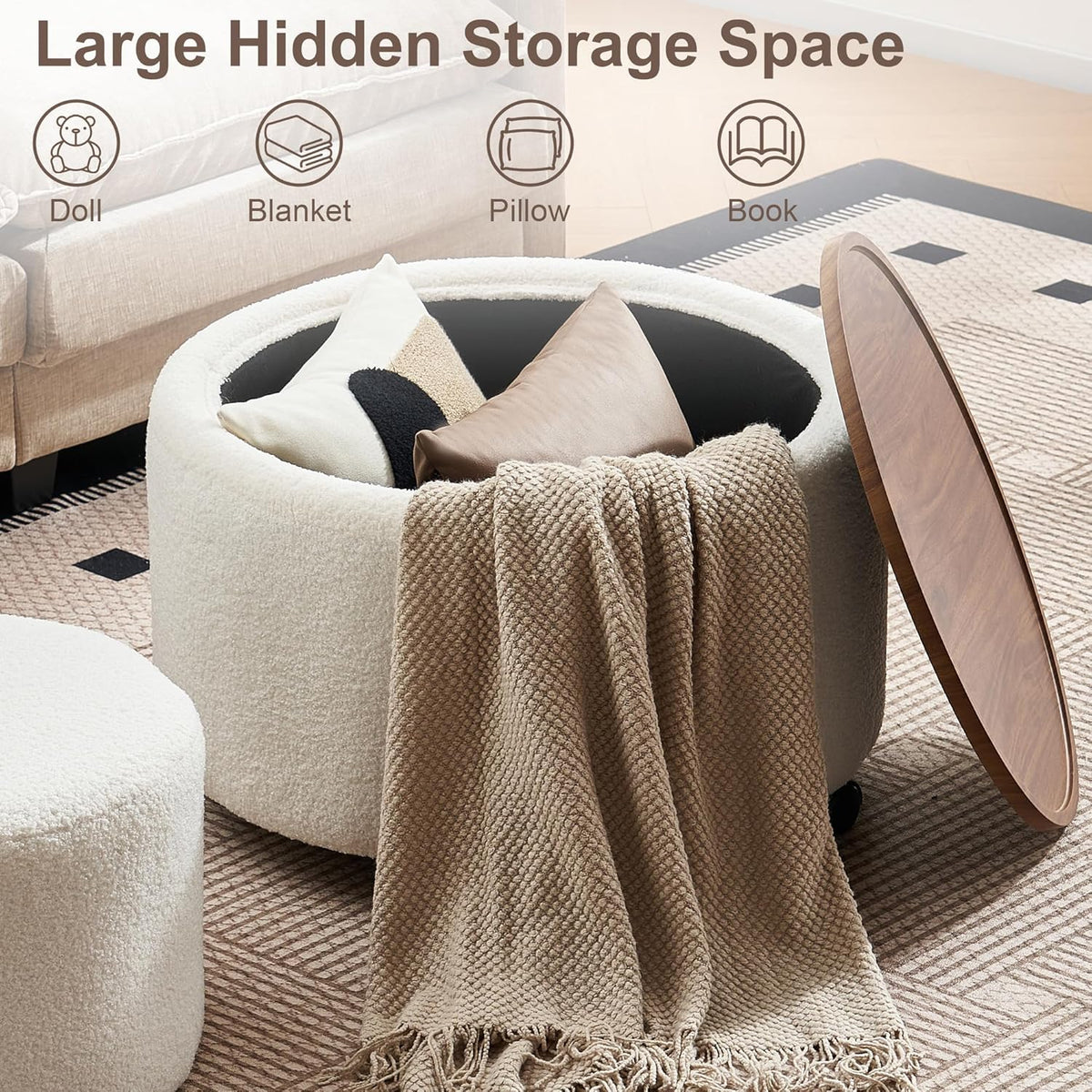28 Inch Round Storage Ottoman with Wheels Set of 2, Multifunctional Coffee Table Ottoman with Removable Solid Wood Lid, Modern Circle Ottoman Foot Rest for Living Room, Bedroom, Beige