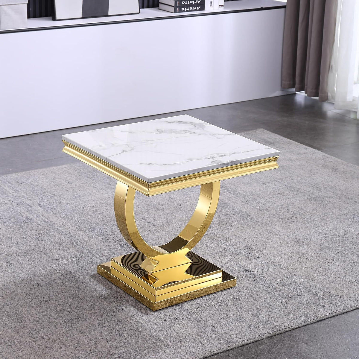 Modern Luxury Faux Marble End Table with Polished Gold Stainless Steel Base Square White Marble Side Table Elegant Small Bedside Table for Living Room Bedroom Office