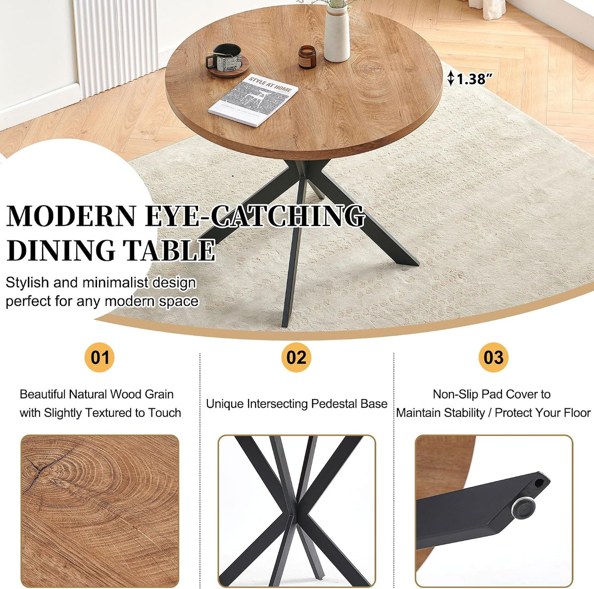 Homedot Small Dining Table Set for 2,37-in Round Kitchen Table Chairs Set Space Saving, Rustic Brown Breakfast Nook Dinner Table with Yellow Dining Room Side Chairs Upholstered for Dining Hall