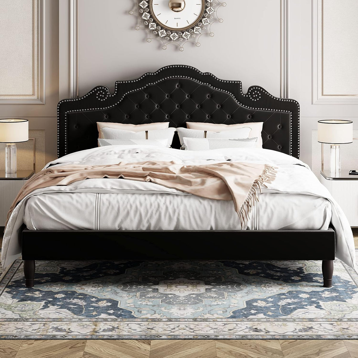 Allewie King Bed Frame with Adjustable Velvet Tiara Headboard, Upholstered Diamond Button Tufted Platform Bed, Wood Slats Support, No Box Spring Needed, Mattress Foundation, Easy Assembly, Black
