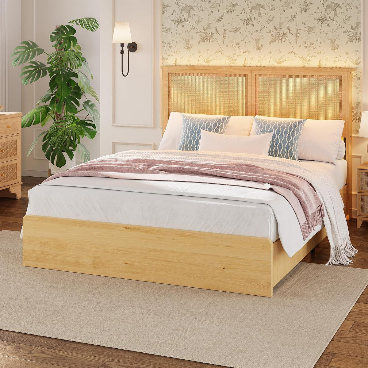 GAOMON Queen Size Bed Frame with 4 Storage Drawers and Rattan Headboard