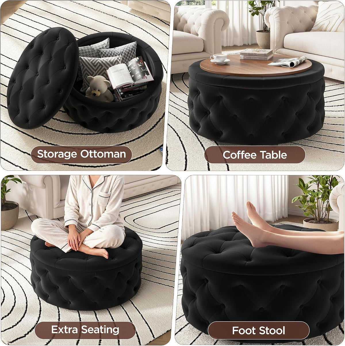 FiveWillowise 30 Inch Round Ottoman with Storage Tray,Large Coffee Table | Circle Modern Button Footstool with Removable Lid,Cozy Foot Stools for Living Room, Bedroom,Makeup Room,Black