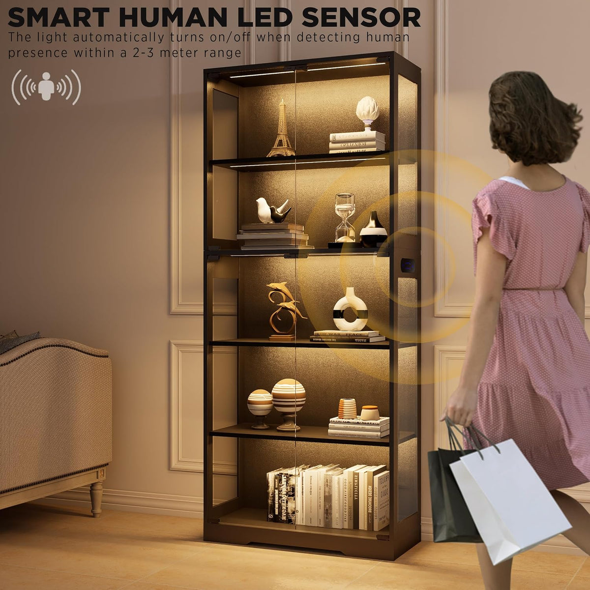 Display Cabinet with Glass Doors, 5-Tier 65" Glass Display Cabinet with LED 3-Color Lights & Human Body Sensor, Curio Cabinet with Textured Wood Shelves for Collectibles, Black Wood Frame