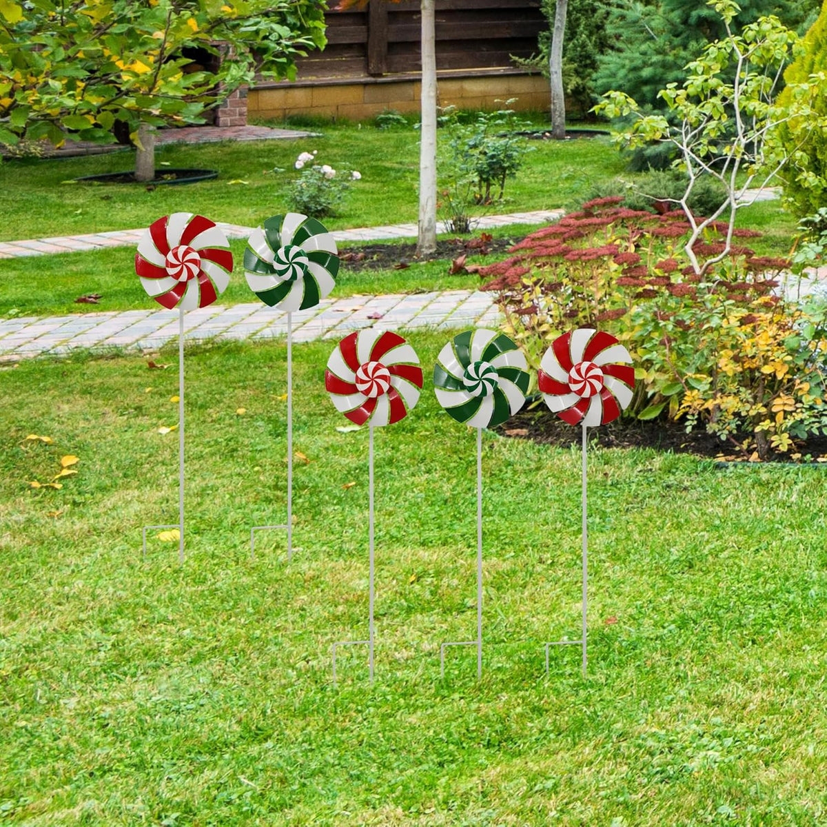 5pcs Wind Spinners Metal Colorful Flowers Garden Stake, Christmas Lollipop Pinwheels, 27" Metal Windmill Yard Art Outside Decorations, Lawn Ornaments Outdoor Garden Décor
