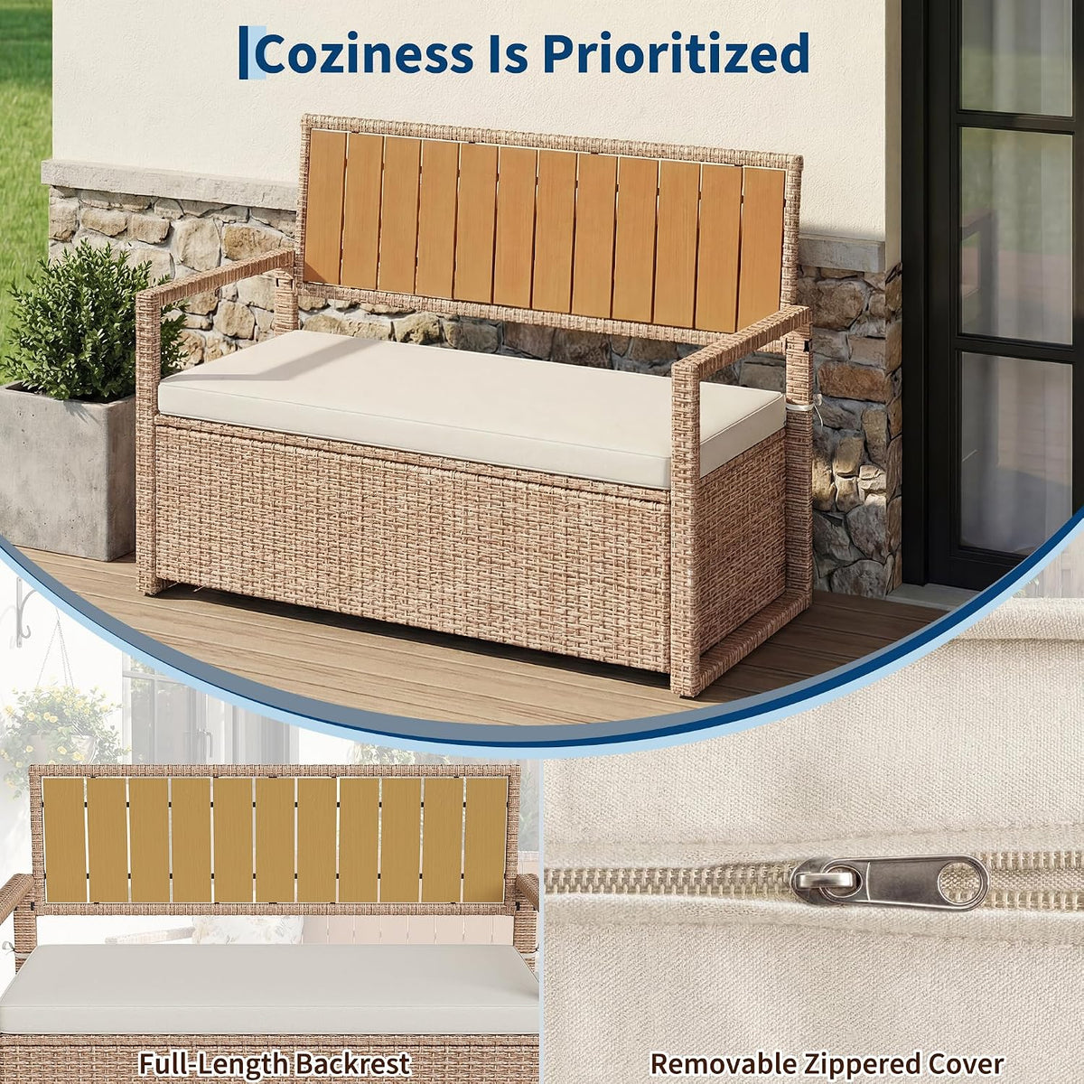 GarveeLife Wicker Storage Ottoman with Cushion, Indoor Outdoor Rattan Storage Stool, Iron Frame with WPC Top, Waterproof Seat Cushion, Patio Balcony Living Room Furniture, Yellow Rattan