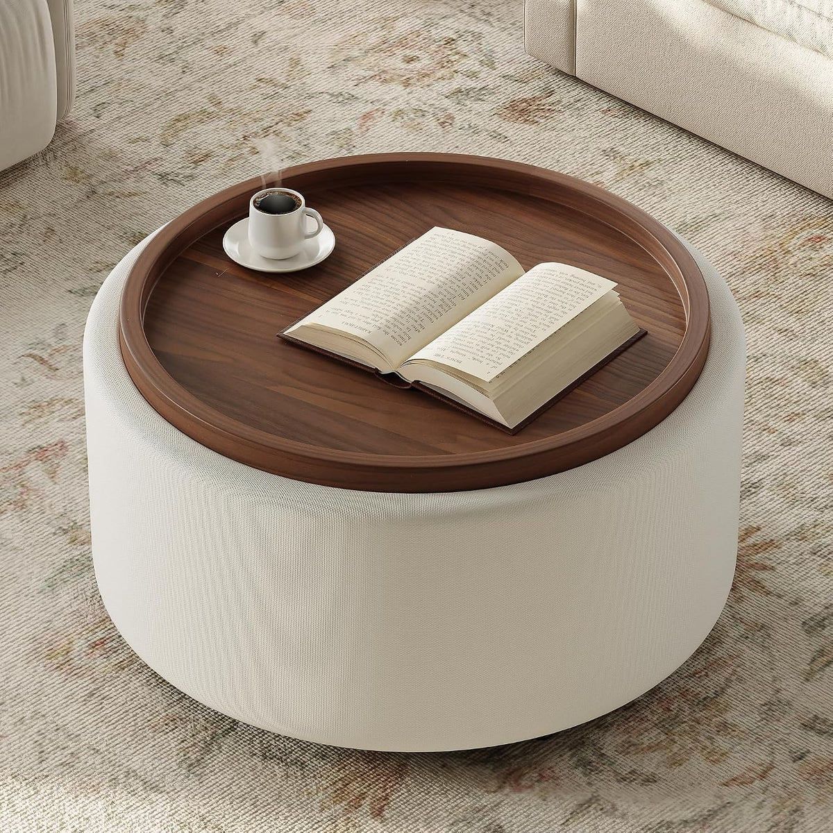 Round Storage Ottoman Coffee Table with Walnut Tray, 30'' Round Ottoman with Storage, Modern Upholstered Coffee Table with with 4 Casters for Living Room, Linen Fabric, Beige