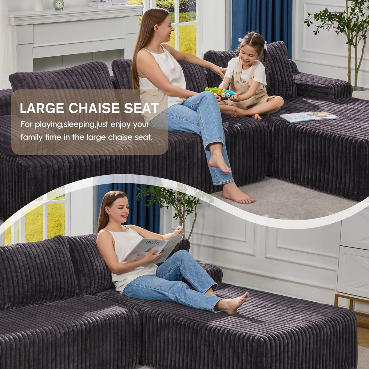 Hobestluk Couches Modular Sectional Sofa L-Shape Oversized Chaise | Memory Foam,Washable Cover,No Assembly,Non-slip,3 Seater Sectional Couch for Living Room | 108" Right Facing Chaise Darkgrey