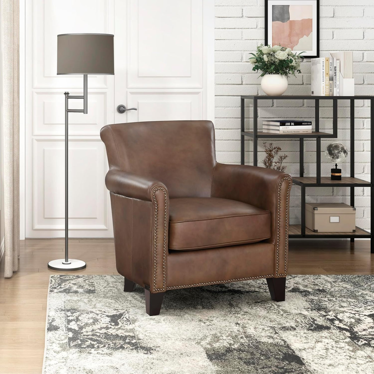 Lexicon Top Grain Genuine Leather Chair, Rolled Armrest, Classic Brown | Living Room Leather Accent Chair, Solid Wood Frame, Nailhead Trim, Comfy Reading Chair for Bedroom, Office