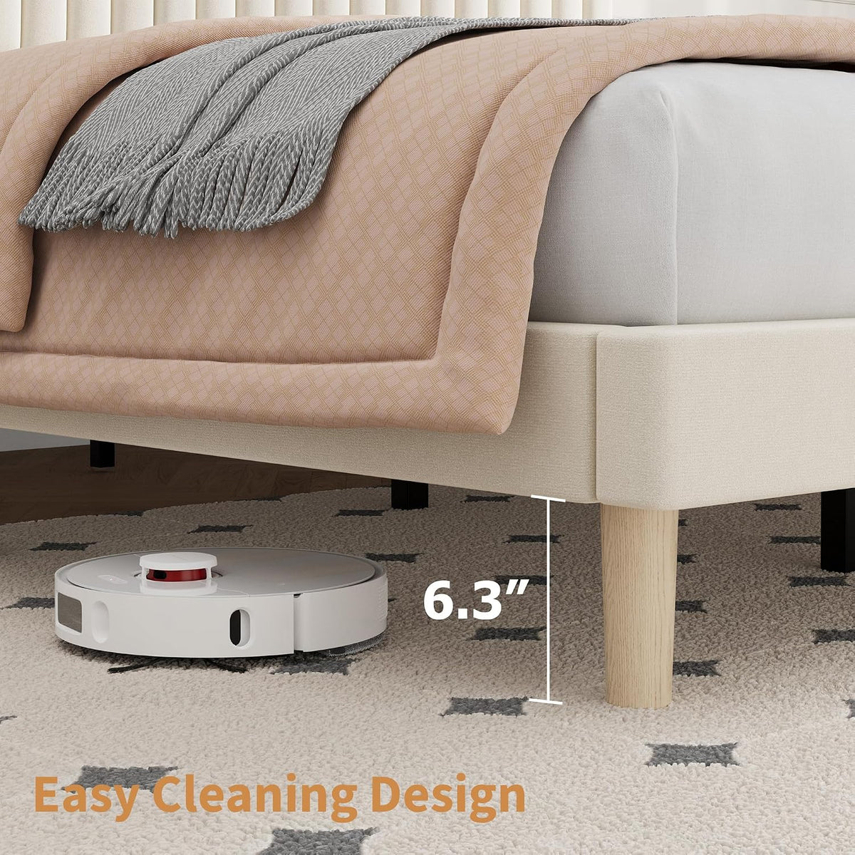 GAOMON King Size Bed Frame, Velvet Upholstered Platform Bed, Beige