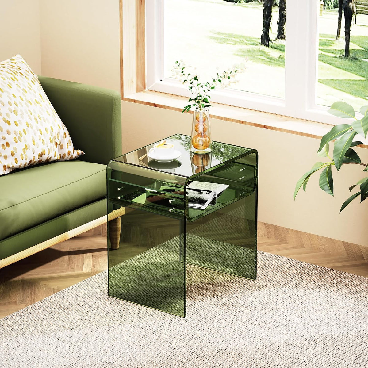 Clear Acrylic End Table 2-Tier Bedside Nightstand for Living Room Bedroom (1, Green Double)
