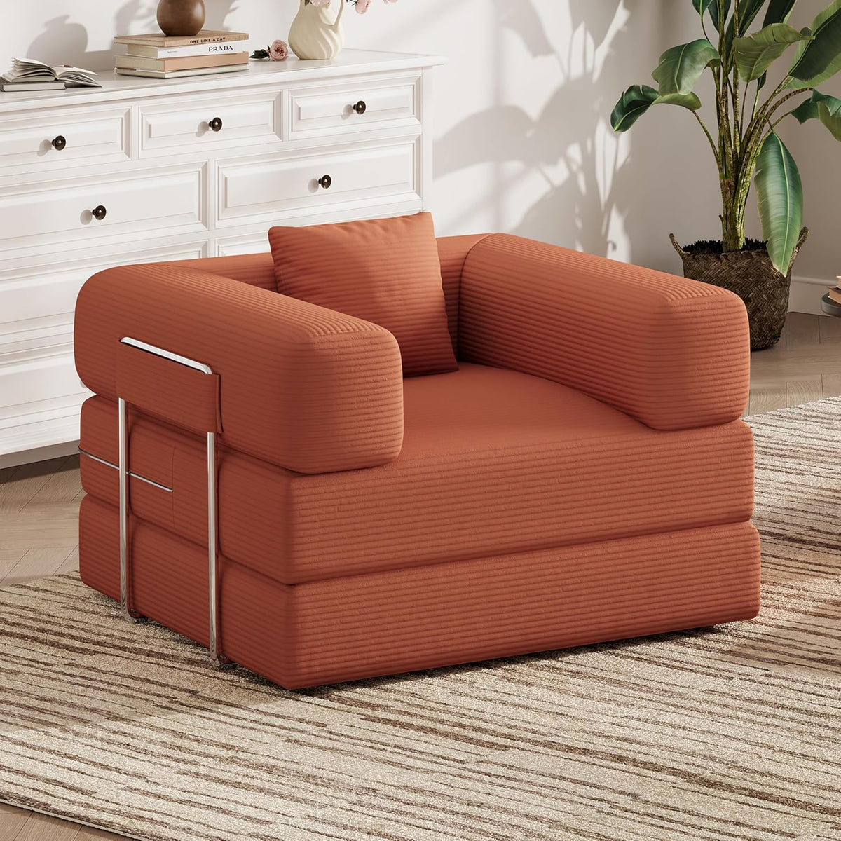 Single Couch Sofa for Small Spaces, 2-in-1 Single Sofa with Soft Corduroy Foldable Chair Lounger Sleeper Sofas for Small Apartment, Living Room, Home Office (Orange, 35.43" Single Sofa)