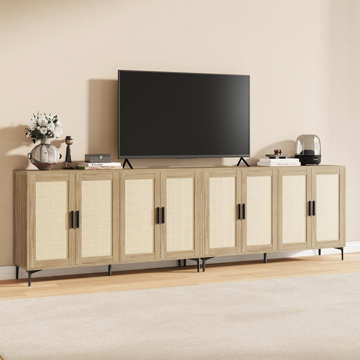 JASIWAY Buffet Cabinet with Storage, 48" Rattan Sideboard with Adjustable Shelves, Modern Coffee Bar Cabinet Console Table with Doors, Credenza for Kitchen, Living Room, Entryway, Dining Room, Wood