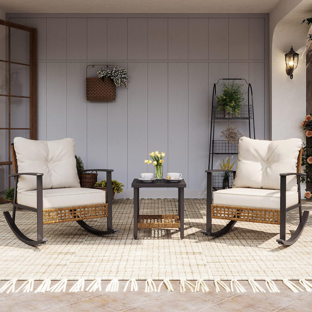 LAUSAINT HOME 3-Piece Rocking Bistro Set, Outdoor Patio Furniture with Thick Cushions and 2-Tier Coffee Table, Oversize Rattan Conversation Set for Garden, Balcony, Backyard (Beige)