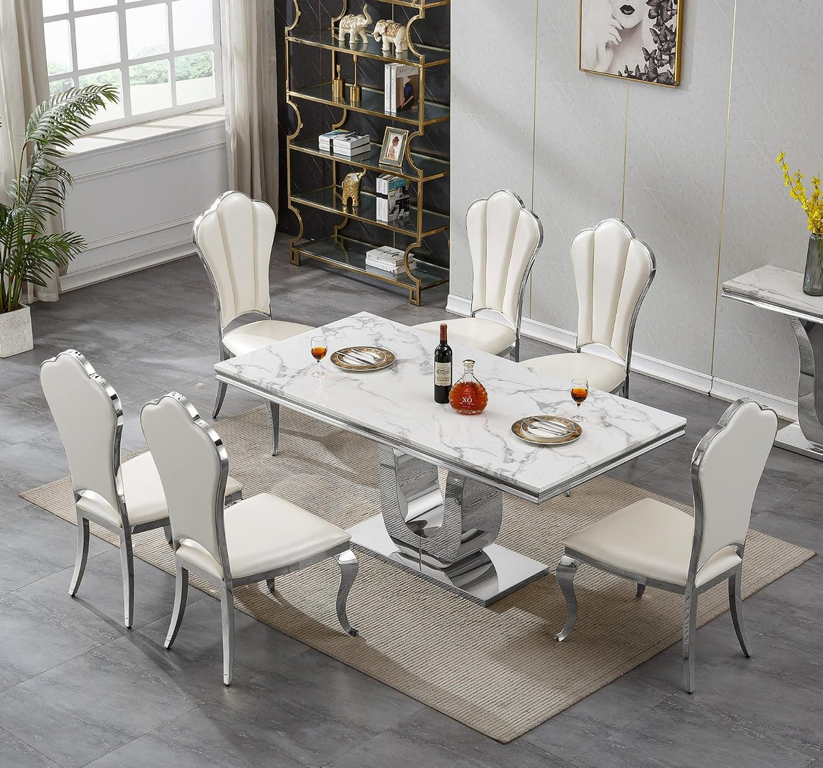 Faux Marble Dining Table for 4 to 6, 68 inch Luxury Dining Room Table with White Faux Marble Top & Silver Stainless Steel U Base, Modern Rectangle Dinner Table for Kitchen Living Dining Room Apartment