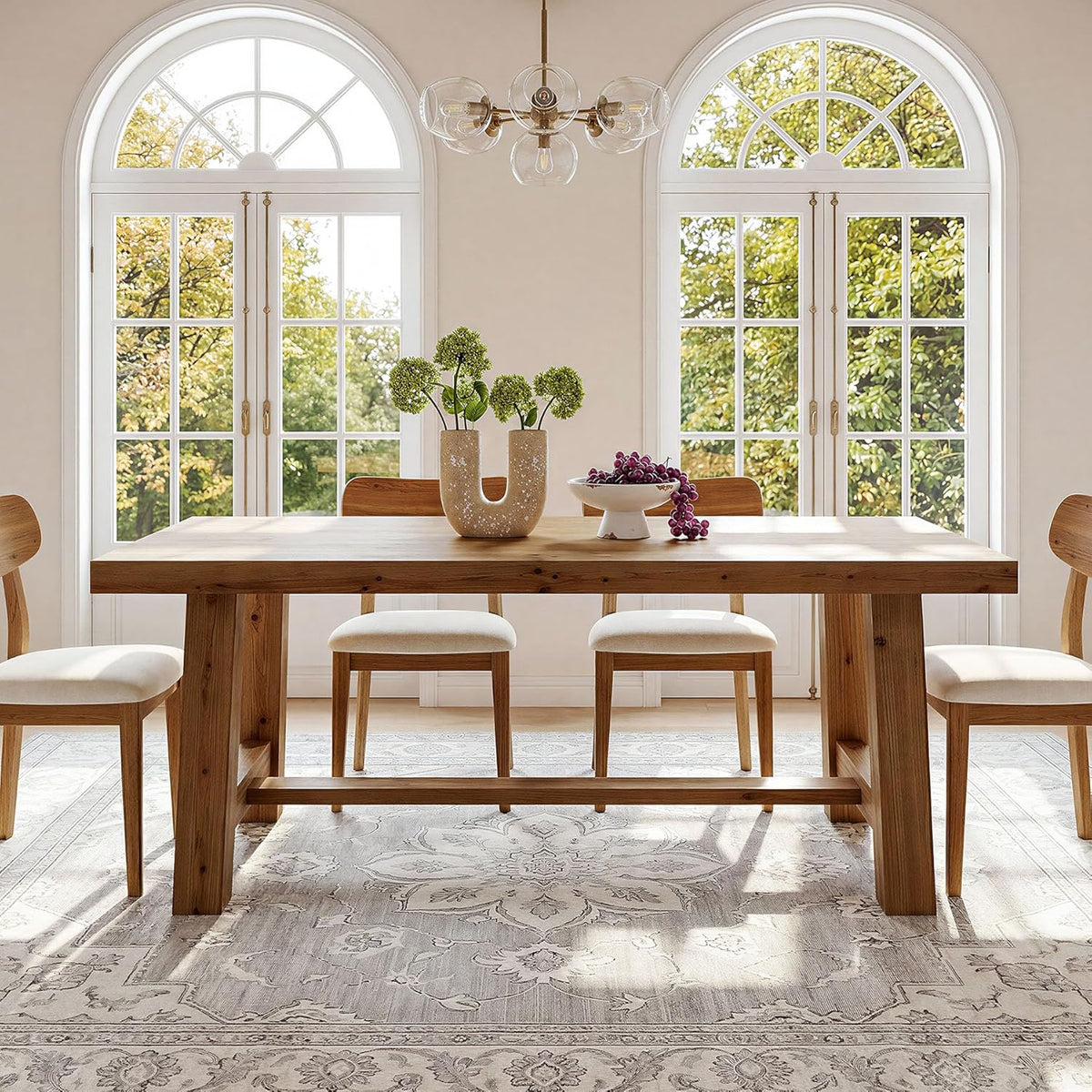 63-Inch Solid Wood Dining Table, Farmhouse Kitchen Table for 4-6 People, Rectangular Wooden Dinner Table with Thick Top & Trestle Base, Natural Wood